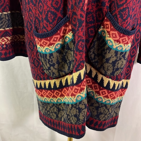 Sahalie Red Multicolor Printed Zip Front Wool Blend Duster Cardigan - Picture 9 of 16